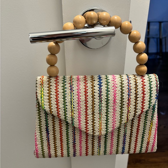 Woven Rainbow Wooden Beaded Top Handle Bag - Picture 2 of 4
